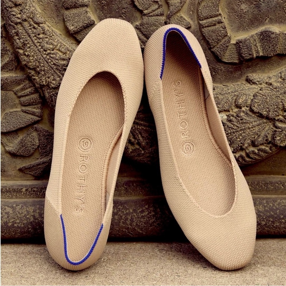 Rothy's Tan Flats with Blue Trim